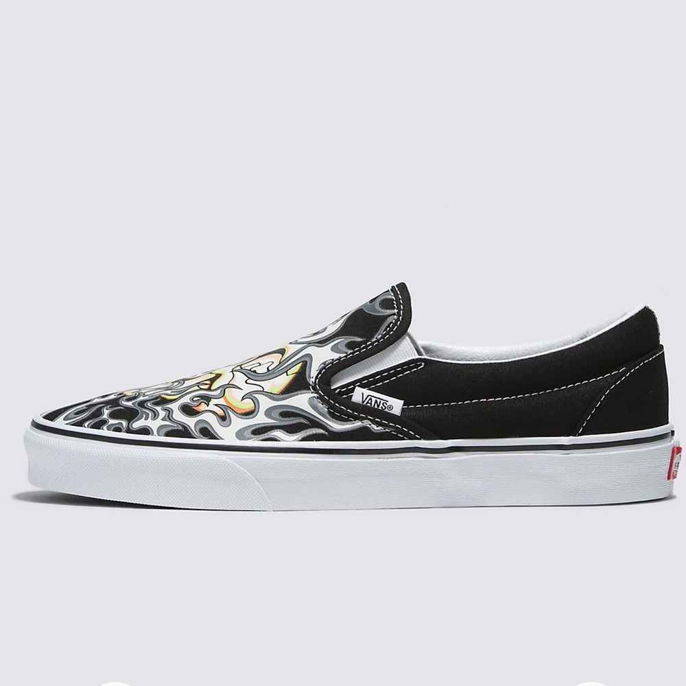 VANS Men’s Slip On Flame Skull Mens Black White Tattoo Art Sneakers - Picture 2 of 16
